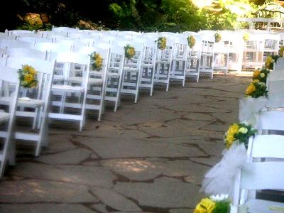 Line of chairs decorated with same flowers